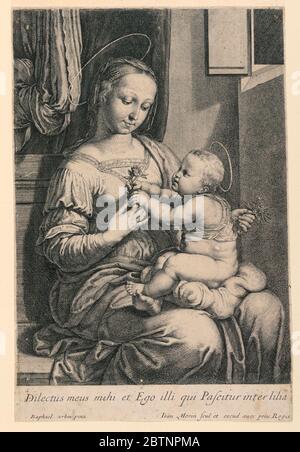 La Madonna col Bambino. Ricerca in ProgressLa Madonna è vista seduta, di fronte a un quarto a destra, con il Cristo Bambino sulla sua halp, tenendo una rosa. Maria tiene un mazzo di fiori nella sua mano sinistra. Iscrizione in latino su una riga e nomi di artisti e incisori. Foto Stock