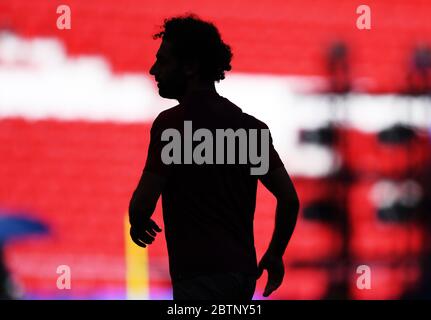 MADRID, SPAGNA - 31 MAGGIO 2019: Mohamed Salah di Liverpool ha ritratto durante una sessione di allenamento tenuta un giorno prima della finale della UEFA Champions League 2018/19 tra Tottenham Hotspur (Inghilterra) e Liverpool FC (Inghilterra) a Wanda Metropolitano. Foto Stock