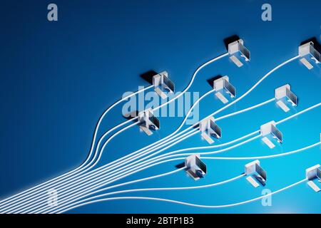 Cloud computing, concetto di infrastruttura di rete su sfondo blu con spazio negativo. Rendering 3D digitale. Foto Stock