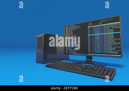 Workstation, computer desktop su sfondo blu. Concetto di rendering 3D digitale. Foto Stock