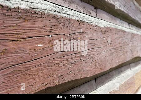 La vecchia trave di legno fa parte del muro di una tradizionale casa di legno ed è mostrata vicino all'angolo. Si tratta di un modo comune di costruire il vecchio legno di Hhou Foto Stock