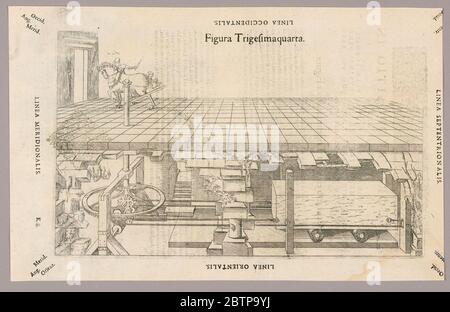 Piatto XXXIV di Theatrum instrumentorum et machinarum. Ricerca in ProgressSetta vista in sezione di due piani di un edificio. In alto a sinistra, un cavallo agganciato ad una macchina per tirare grandi blocchi pesanti (di marmo?) nell'edificio al piano sottostante. Foto Stock