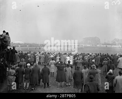 Sensazionale Grand National . Spettatori che guardano nella nebbia all'inizio . 30 marzo 1928 Foto Stock