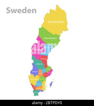 Mappa della Svezia, divisione amministrativa con nomi, mappa dei colori isolata su vettore di sfondo bianco Illustrazione Vettoriale