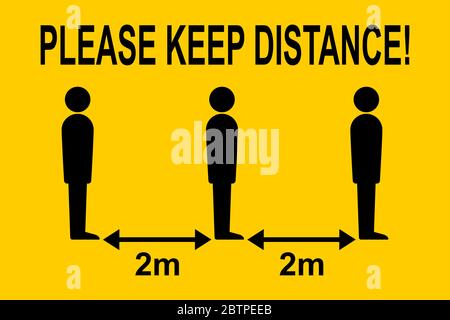 Segno di allontanamento sociale con tre persone semplici e linee di freccia. Mantenere la distanza di 2 metri. Concetto di protezione epidemica del coronavirus Illustrazione Vettoriale