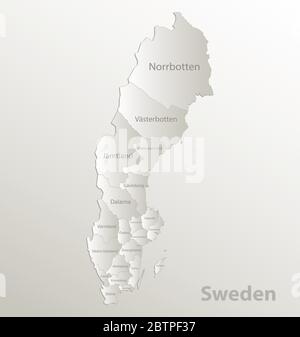 Svezia divisione amministrativa mappa separa regioni e nomina singole contee, carta cartoncino vettore naturale 3D Illustrazione Vettoriale