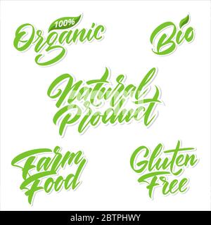 Scritte a mano per etichette verdi dei prodotti. Illustrazione Vettoriale