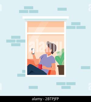 Concetto di soggiorno a casa. Uomo con smartphone a casa. Isolamento sociale durante l'epidemia. Simpatica illustrazione vettoriale in stile piatto Illustrazione Vettoriale