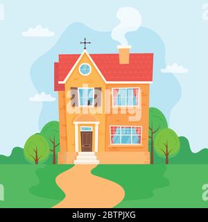 Casa carina con paesaggio. Illustrazione vettoriale in stile piatto Illustrazione Vettoriale