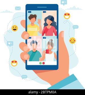 Chiamata di gruppo con gli amici, videoconferenza. Smartphone con presa a mano. Illustrazione vettoriale in stile piatto Illustrazione Vettoriale