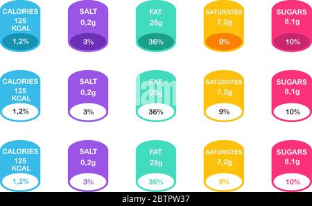 Etichette composte di fatti nutrizionali e micronutrienti in compresse e tag colorati vettore eps 10 Illustrazione Vettoriale