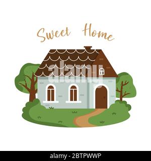 Casa graziosa con colori luminosi. Illustrazione vettoriale isolata in uno stile piatto. Iscrizione dolce casa Illustrazione Vettoriale