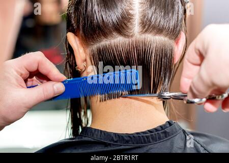 Retro view parrucchiere sta tagliando i capelli della donna in parrucchiere. Foto Stock