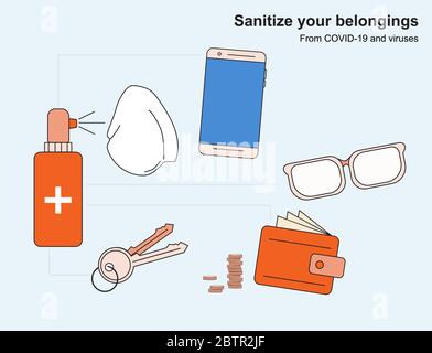 Le istruzioni per la disinfezione di oggetti personali con virus e Covid-19 sono un telefono, chiavi, denaro, un portafoglio e occhiali. Poster a colori con le cose Illustrazione Vettoriale