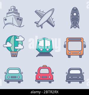 Icone di trasporto dell'illustrazione a colori vettoriale. Aereo, auto, autobus, nave Illustrazione Vettoriale
