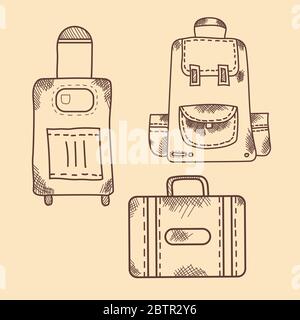 Disegno manuale vettoriale. Vintage. Pittogramma, icona, bagaglio, zaino con tasche, valigia, su ruote Illustrazione Vettoriale