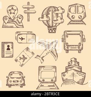 Set di icone disegnate a mano. Trasporto, viaggio e strada. Vintage. Illustrazione della doodle portatile. Illustrazione Vettoriale