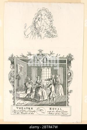 Un biglietto per la caricatura del Teatro reale Maschile. Ricerca in ProgressBelot, una scena con due donne e tre uomini in un salone. Tutti sono in piedi. Incorniciato da Hermes a sinistra e a destra, da ramoscelli e una lira sul margine superiore. Sopra, disegno caricaturale di un uomo con una parrucca in vista laterale rivolta a sinistra. Mezza lunghezza. Foto Stock