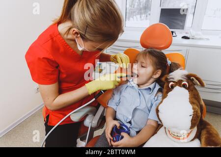 Angolo alto di donna in dentista uniforme controllare i denti di bambina vicino a peluche cavallo mentre si lavora in clinica contemporanea Foto Stock