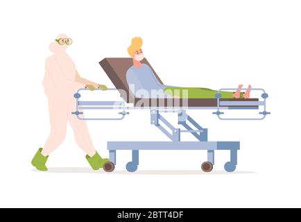 Medico o infermiere in tuta protettiva e occhiali trasportare il paziente malato in maschera medica viso su gurney vettore piatta illustrazione. Isolamento e quarantena di un malato durante l'epidemia globale di coronavirus. Illustrazione Vettoriale