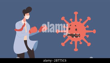 Giovane medico in uniforme e maschera protettiva viso lotta con spaventata coronavirus cellula vettore piatta illustrazione. Lotta contro il concetto di banner covid-19. Brave lavoratore medico e spaventato cellula di covid. Illustrazione Vettoriale