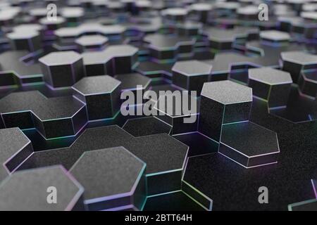 Rendering 3D di mesh esagonale, bordi sottili colorati Foto Stock