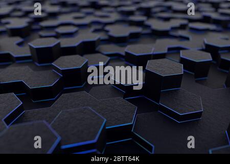 Rendering 3D di mesh esagonale, bordi blu sottili Foto Stock