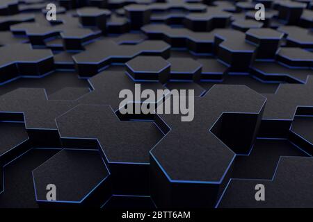 Rendering 3D di mesh esagonale, bordi blu sottili Foto Stock