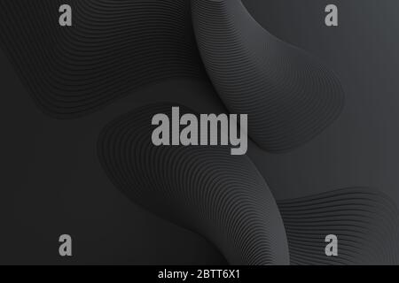 Rendering 3D di linee curve astratte nere su superficie opaca nera Foto Stock