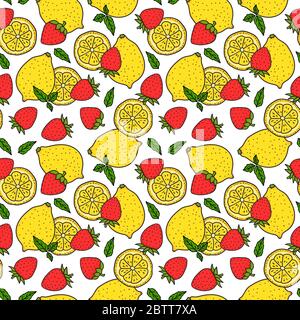 Limone e fragola. Ripetizione senza giunture. Limone intero e una fetta rotonda. Colori rosso e giallo. Disegno grafico a mano vettoriale disegno di superficie isolato Illustrazione Vettoriale