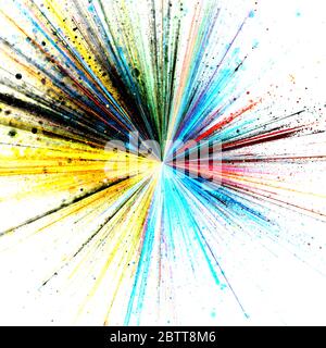 Esplosione di vernici gialle, nere, blu e rosse su sfondo bianco Foto Stock