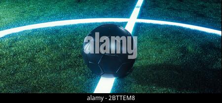 Pallone da calcio su linee incandescenti su un campo verde erboso sport di notte in un panorama banner con spazio copia per sport o temi di calcio Foto Stock