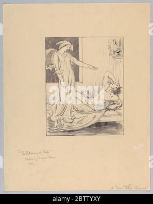 La benedizione dello studio del sonno per un Poster per Paines Celery composto. Ricerca in ProgressDrapped donna a sinistra con attributi di Hypnos (testa alata e papavero) si sposta a sinistra di fronte a una finestra che si apre su di nero. Il suo braccio è stagliato sopra un uomo reclinato, in posizione supina su un divano basso a destra. Foto Stock