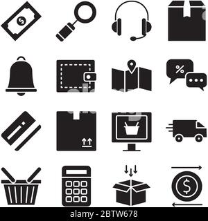 cuffie e icona per lo shopping online su sfondo bianco, stile silhouette, illustrazione vettoriale Illustrazione Vettoriale