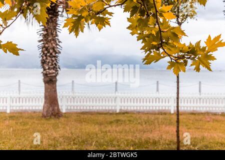 Recinzioni bianche in legno intorno al giardino Foto Stock