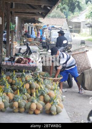 28 aprile 2019 - Bedali, Blitar/Indonesia: Venditori ananas nel mercato bedali tradizionale a Blitar, Indonesia Foto Stock