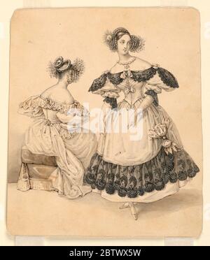 Illustrazione del costume. Ricerca in ProgressTwo donne in costume contemporaneo. A sinistra, una donna è seduta su un sedile basso, imbottito, la schiena allo spettatore. L'altra donna, a destra, si affaccia allo spettatore. Probabilmente illustrazione per 'le Follet Courrier des Salons.' Foto Stock