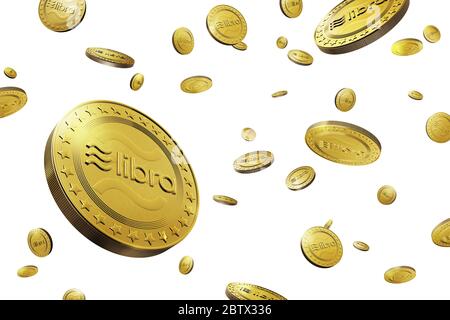 Libra Cryptocurrency monete digitali d'oro che cadono isolate su sfondo bianco con spazio centrale, Facebook annuncia Libra criptovaluta Concept, 3D Foto Stock