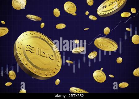 Libra Cryptocurrency monete digitali d'oro che cadono su sfondo blu con spazio centrale, Facebook annuncia Libra criptovaluta concetto, 3D rendering Foto Stock