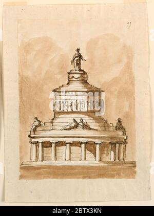 Disegno per l'elevazione di un monumento sepolcrale. Ricerca in ProgressIn forma di torre circolare, con una figura in alto. Di seguito è riportata una base di due fasi. Il piano inferiore è un colonnato con colonne doriche prima di un muro posteriore. Tre passi sono sopra di esso con figure femminili sedute sopra il primo. Foto Stock