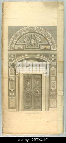 Elevazione porta con stemma papale. Ricerca in ProgressDogirazione con 'PAVLUS III - PONT - MAX' sopra il portale, possibilmente con lo stemma di Papa Leone XI sopra. Foto Stock