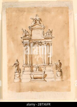 Disegno per un altare maggiore. Ricerca in ProgressIn centro della tavola è un quadro, probabilmente della Vergine ascendente. Sopra di essa e davanti all'entablatura ci sono due angeli che sostengono una corona. Su entrambi i lati sono presenti due colonne sporgenti. Foto Stock