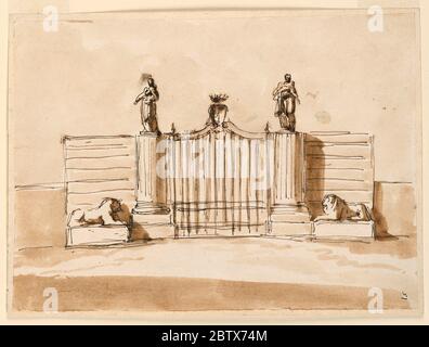 Gateway. Ricerca in ProgressLa ringhiera in ferro a due alate ha in cima un taglio. È delimitata da due colonne scanalate, senza capitelli, statue di sostegno, e da brevi pezzi di parete alla stessa altezza delle colonne, senza talloni orizzontali. Foto Stock