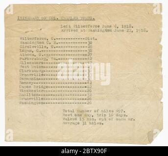 Itinerario per il giro di col Charles Youngs da Wilberforce OH a Washington DC. Testo scritto in nero stampato su carta gialla, in alto è [ITINERARIO del col. CHARLES GIOVANE.] In fondo è [Total number of Miles 497. / riposo un giorno, viaggio 16 giorni. / camminato 15 min. Da ogni ora / media 31 miglia.]trascritto da volontari digitali Foto Stock