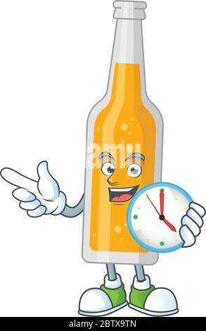 disegno cartoon concetto di bottiglia di birra con un orologio circolare Illustrazione Vettoriale