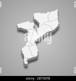 Mappa 3d del Mozambico con confini di regioni Illustrazione Vettoriale