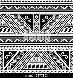 Modello orizzontale vettoriale senza giunture geometrico tribale polinesiano, design tradizionale hawaiano ispirato all'arte del tatuaggio Maori Illustrazione Vettoriale