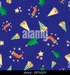 Mandorle arrosto in sacchi di carta gingham vettore senza cuciture motivo sfondo. Pasticceria dorata, calze festive, stelle e alberi borgogna Illustrazione Vettoriale