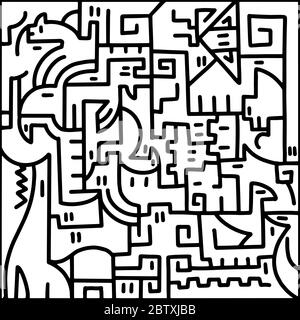 Animale puzzle Doodle disegno. Stile per bambini. Illustrazione Vettoriale