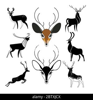 Set di segni di cervi per loghi in stili diversi. Illustrazione Vettoriale